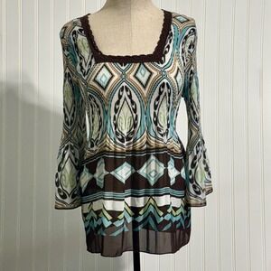 Dressbarn Petite Large Pleated Blouse PL Modern Boho Bell Sleeve Geometric